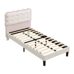 Rolipo 3ft Single Velvet Children's Bed with Biscuit Headboard Pink Beige - thumbnail 9