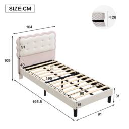Rolipo 3ft Single Velvet Children's Bed with Biscuit Headboard Pink Beige - thumbnail 2