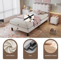 Rolipo 3ft Single Velvet Children's Bed with Biscuit Headboard Pink Beige - thumbnail 4