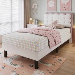 Rolipo 3ft Single Velvet Children's Bed with Biscuit Headboard Pink Beige - thumbnail 5