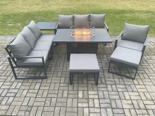 Fimous Aluminium 7 Pieces Garden Furniture Sofa Set with Cushions 9 Seater Gas Fire Pit Dining Table Set with Side Table 2 Big Footstools in Dark Grey - image 1