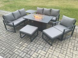 Fimous Aluminium 7 Pieces Garden Furniture Sofa Set with Cushions 9 Seater Gas Fire Pit Dining Table Set with Side Table 2 Big Footstools in Dark Grey - thumbnail 2