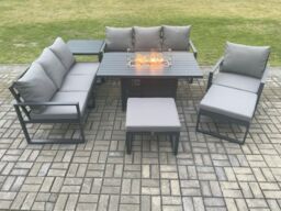 Fimous Aluminium 7 Pieces Garden Furniture Sofa Set with Cushions 9 Seater Gas Fire Pit Dining Table Set with Side Table 2 Big Footstools in Dark Grey - thumbnail 1