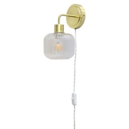 First Choice Lighting Toby - Satin Brass Plug in Wall Light with Batley Ribbed Glass Shade in Gold