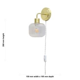 First Choice Lighting Toby - Satin Brass Plug in Wall Light with Batley Ribbed Glass Shade in Gold - thumbnail 5