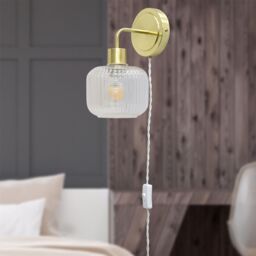 First Choice Lighting Toby - Satin Brass Plug in Wall Light with Batley Ribbed Glass Shade in Gold - thumbnail 3