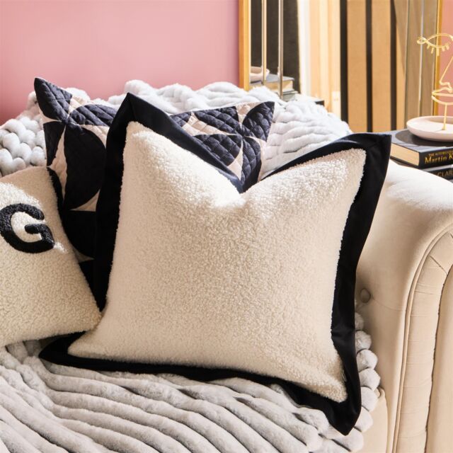 OHS 2 Pack Oxford Edge Boucle Square Cushion Covers, White/Black in White - Size: 45 cm x 45 cm - image 1