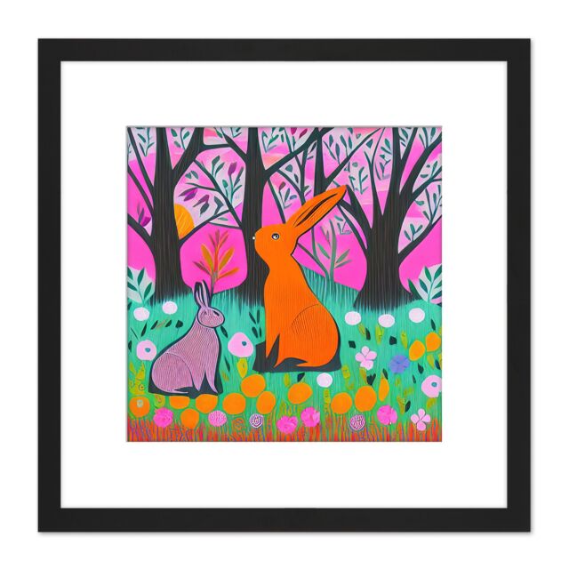 Artery8 Bunny Rabbits In A Forest Meadow Flowers Pastel Pink Teal Illustration Square Wooden Framed Wall Art Print Picture 8X8 Inch in Black - image 1