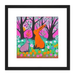 Artery8 Bunny Rabbits In A Forest Meadow Flowers Pastel Pink Teal Illustration Square Wooden Framed Wall Art Print Picture 8X8 Inch in Black - thumbnail 1