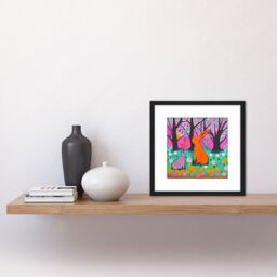 Artery8 Bunny Rabbits In A Forest Meadow Flowers Pastel Pink Teal Illustration Square Wooden Framed Wall Art Print Picture 8X8 Inch in Black - thumbnail 2