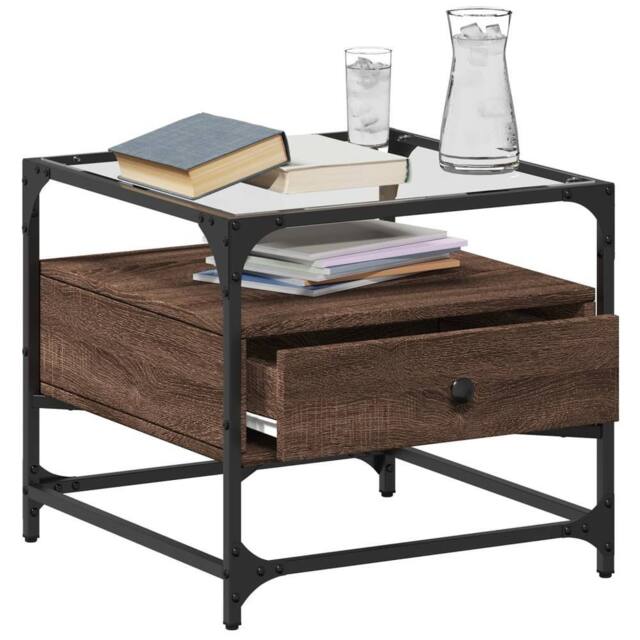 Berkfield Home Decorative Coffee Table with Glass Top Brown Oak 50x50x45 cm Steel - Size: 50 x 50 x 45 cm - image 1