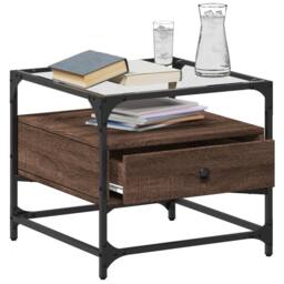Berkfield Home Decorative Coffee Table with Glass Top Brown Oak 50x50x45 cm Steel - Size: 50 x 50 x 45 cm - thumbnail 1