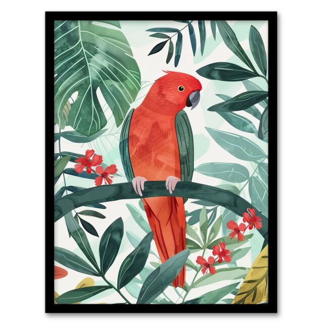 "Artery8 Red Parakeet Bird in Tropical Jungle Watercolour Framed Wall Art in Green - Size: W12"" x H16""" - image 1