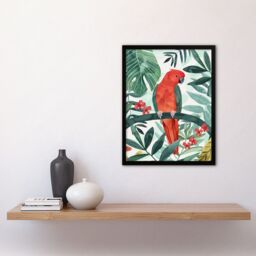 "Artery8 Red Parakeet Bird in Tropical Jungle Watercolour Framed Wall Art in Green - Size: W12"" x H16""" - thumbnail 4