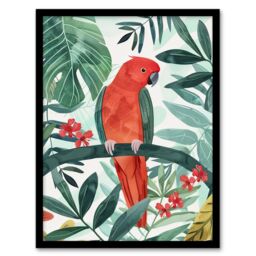 "Artery8 Red Parakeet Bird in Tropical Jungle Watercolour Framed Wall Art in Green - Size: W12"" x H16""" - thumbnail 1