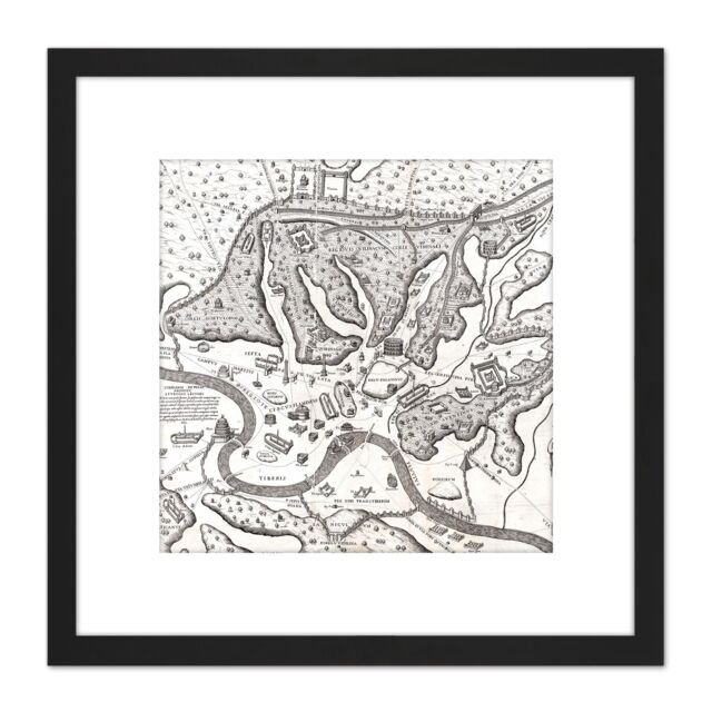 Artery8 Map Du Perac 1573 Ancient Rome Hills City Plan Chart 8X8 Inch Square Wooden Framed Wall Art Print Picture with Mount in Black - image 1