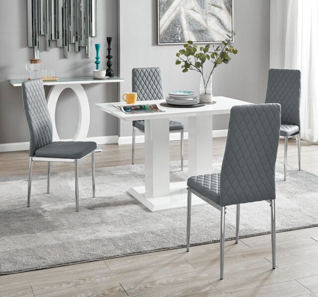 FurnitureboxUK Imperia 4 Seater Modern White High Gloss Rectangular Dining Table & 4 Milan Faux Leather Chairs in Grey - image 1