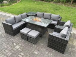 Fimous 10 Seater Outdoor Rattan Gas Fire Pit Table Heater Lounge Chairs Footstools in Dark Grey - thumbnail 3