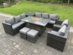 Fimous 10 Seater Outdoor Rattan Gas Fire Pit Table Heater Lounge Chairs Footstools in Dark Grey - thumbnail 1