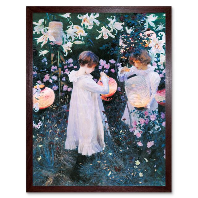 Artery8 Wall Art Print John Singer Sargent Carnation Lily Rose Painting Girls Lighting Chinese Lanterns in Flower Garden Art Framed - image 1