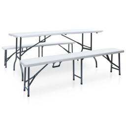 Berkfield Home Folding Garden Table with 2 Benches 180 cm Steel & HDPE White - thumbnail 2