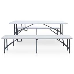 Berkfield Home Folding Garden Table with 2 Benches 180 cm Steel & HDPE White - thumbnail 1