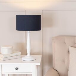 ValueLights Victoria White Wood Traditional Stem Table Lamp with Fabric Drum Shade in Navy