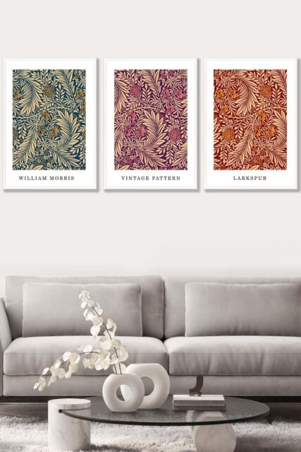 ARTZE Set of 3 White Framed William Morris Vintage Larkspur Autumn Colours Wall Art - Size: W33 cm x H45 cm x D20mm - image 1