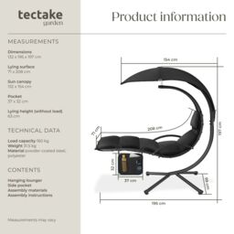 tectake Hanging Chair Elaria - large sun canopy with UV-protection, sturdy in Black - Size: 1 Seater - thumbnail 6