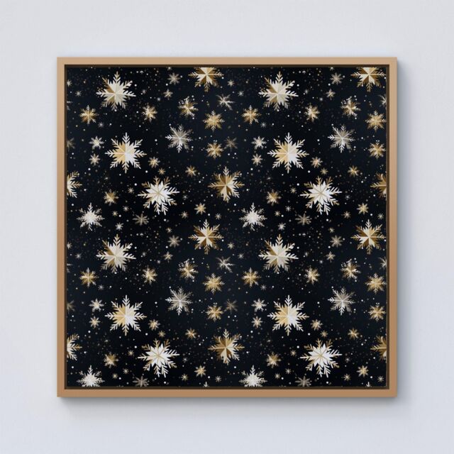 "Warren Reed - Designer Silver Gold Snowflake Pattern Framed Canvas in Light Brown - Size: W16"" x H16""" - image 1