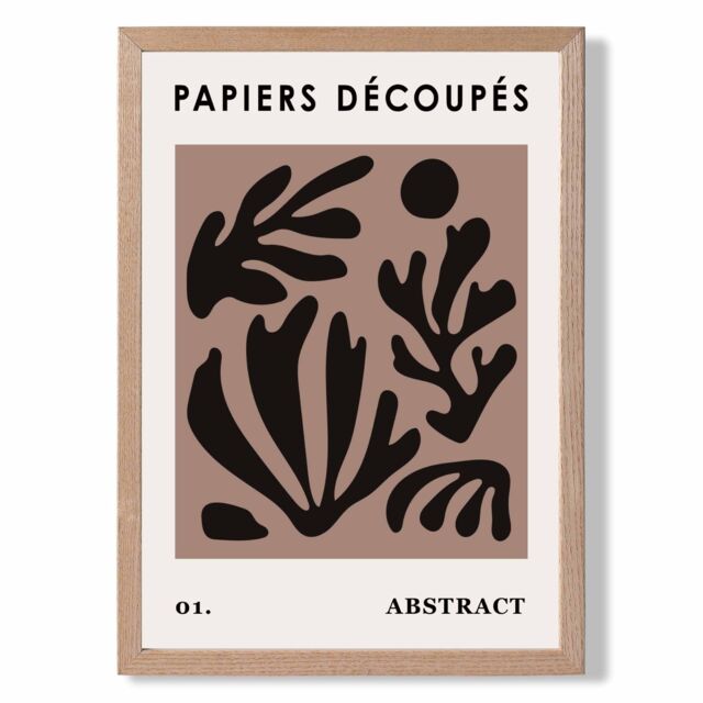 ARTZE Brown & Black Matisse Style Floral Cutout Framed Print SIZE: A2 with Oak Frame - Size: A4 - image 1
