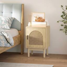 HOMCOM Boho Bedside Table with Rattan Door & Adjustable Shelf, Natural