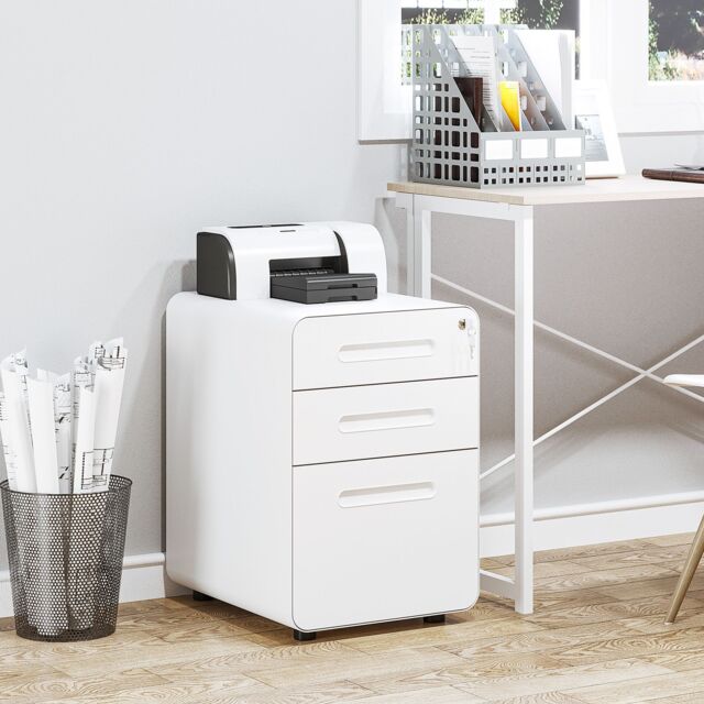 VINSETTO 3 Drawer Modern Steel Filing Cabinet w/4 Wheels Lock Pencil Box in White - image 1