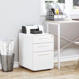 VINSETTO 3 Drawer Modern Steel Filing Cabinet w/4 Wheels Lock Pencil Box in White - thumbnail 1
