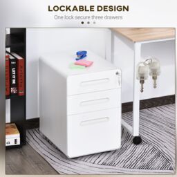 VINSETTO 3 Drawer Modern Steel Filing Cabinet w/4 Wheels Lock Pencil Box in White - thumbnail 4