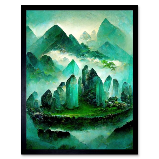 "Artery8 Wall Art Print Mystical New Age Crystal Jade Green Landscape Painting Art Framed in Black - Size: W12"" x H16""" - image 1