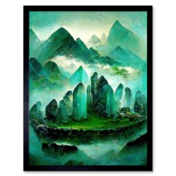 "Artery8 Wall Art Print Mystical New Age Crystal Jade Green Landscape Painting Art Framed in Black - Size: W12"" x H16""" - thumbnail 1