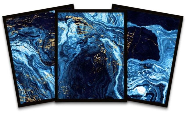 "Wee Blue Coo Wall Art Print Abstract Dark Blue Gold Marble Precious Black Framed Poster Pack of 3 - Size: W12"" x H16""" - image 1