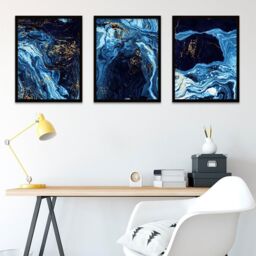 "Wee Blue Coo Wall Art Print Abstract Dark Blue Gold Marble Precious Black Framed Poster Pack of 3 - Size: W12"" x H16""" - thumbnail 3
