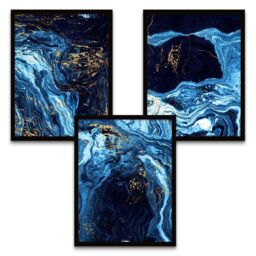 "Wee Blue Coo Wall Art Print Abstract Dark Blue Gold Marble Precious Black Framed Poster Pack of 3 - Size: W12"" x H16""" - thumbnail 2