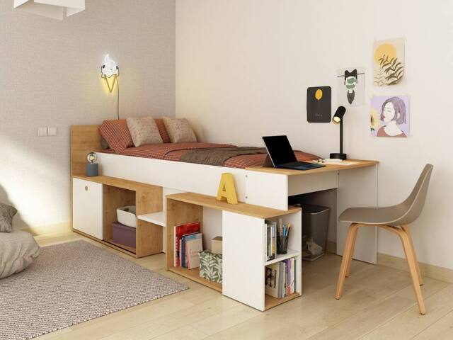 Vente-unique Combination Bed 90 X 200 Cm With Desk & Storage - White & Natural in Light Oak - Size: Single - image 1