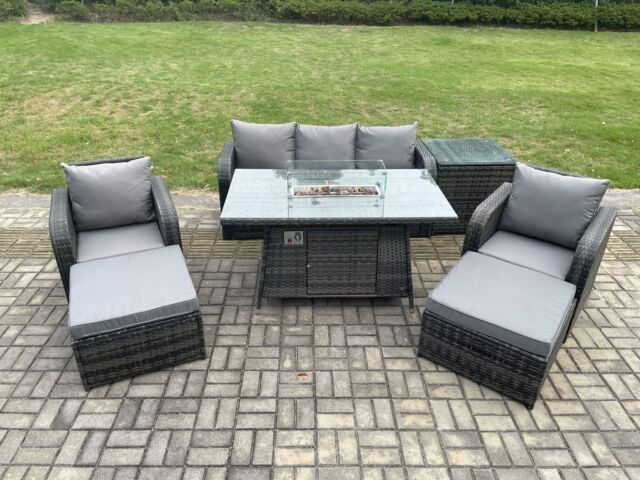 Fimous Wicker Rattan Garden Furniture Sofa Set Gas Fire Pit Dining Table Indoor Outdoor with Side Table Chair 2 Big Footstool in Dark Grey - image 1