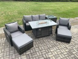 Fimous Wicker Rattan Garden Furniture Sofa Set Gas Fire Pit Dining Table Indoor Outdoor with Side Table Chair 2 Big Footstool in Dark Grey - thumbnail 3