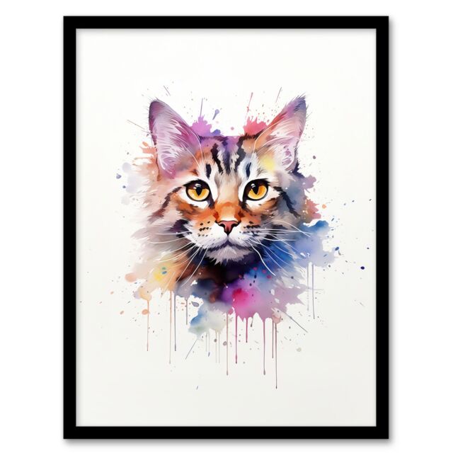 "Artery8 Wall Art Print Tabby Cat Lovers Gift Watercolour Pet Portrait Painting Artwork Art Framed - Size: W12"" x H16""" - image 1