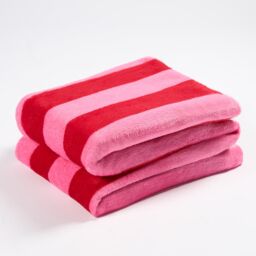 OHS Stripe Fleece Throw Over Bedspread Ultra Soft Warm Sofa Bed Blanket Travel Plush in Red - thumbnail 2