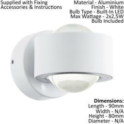 Loops Wall Light Colour White Aluminium Shade Clear Plastic Bulb LED 2x2.5W Included - thumbnail 2
