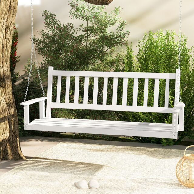 Costway 3-Person Porch Hanging Swing Chair Wooden Garden Swing Bench with Slatted Back in White - image 1