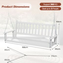 Costway 3-Person Porch Hanging Swing Chair Wooden Garden Swing Bench with Slatted Back in White - thumbnail 6
