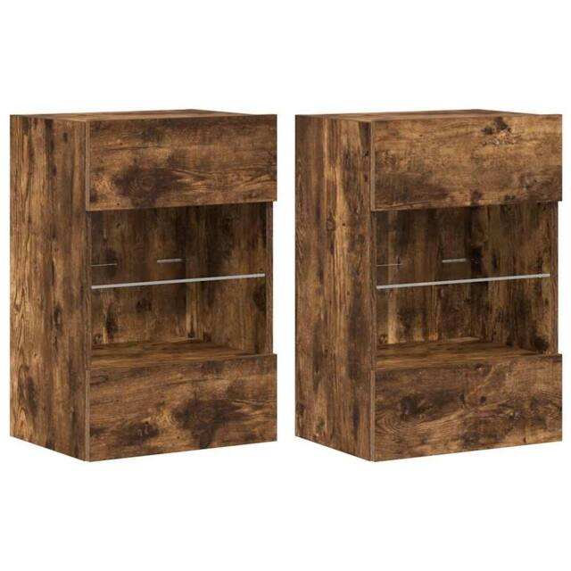 Berkfield Home TV Wall Cabinets with LED Lights 2 pcs Smoked Oak 40x30x60.5 cm in Brown - image 1