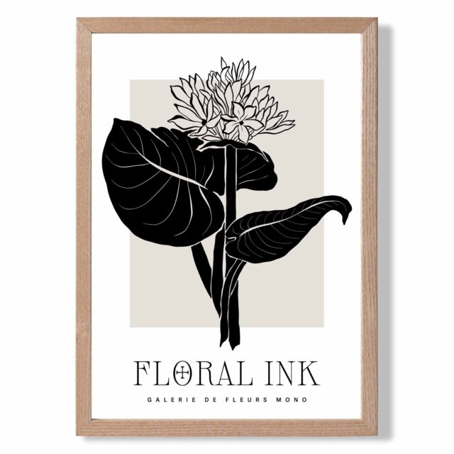 ARTZE Lotus Flower in Black & Beige Floral Ink Sketch Framed Print SIZE: A3 with Oak Frame - Size: A2 - image 1